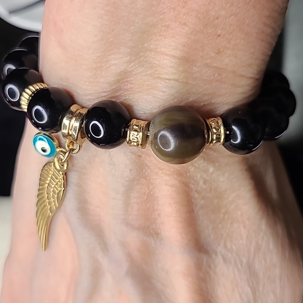 Bracelet Black Beads Gold Tone Angel Wing Evil Eye Blue White Protection Unique - Picture 4 of 5